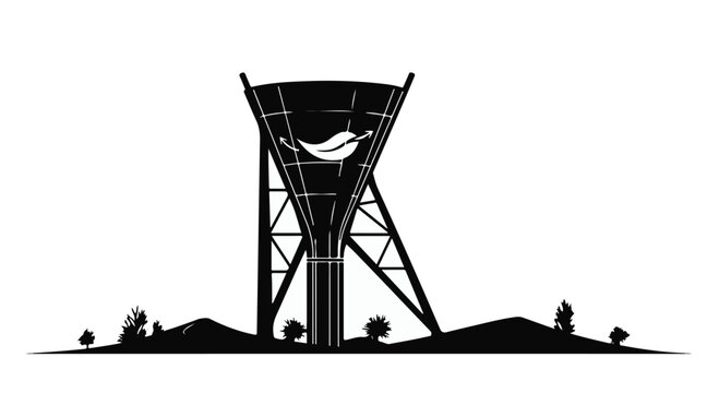 Water tower stands prominently in the landscape featuring a sustainable leaf icon.