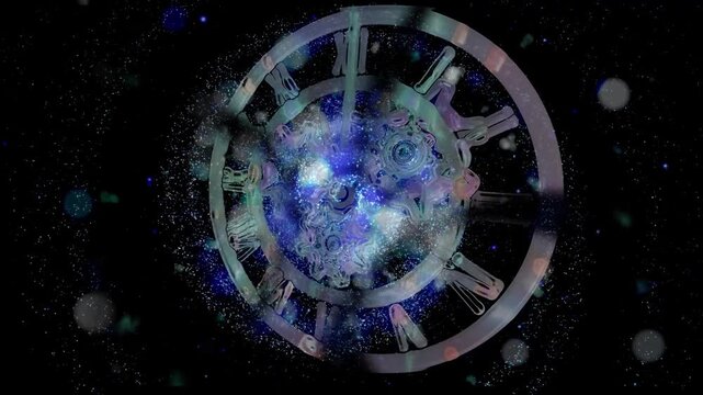 A surreal cosmic clock with rotating gears floats within a glowing galaxy, symbolizing the infinite flow of time, universal motion, and the connection between mechanics and the cosmos.
