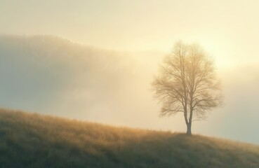 Fototapeta premium Bare tree stands on misty hill at dawn bathed in soft golden light creating tranquil atmosphere. Hazy fog covers distant forest creating serene landscape. Peaceful solitude.