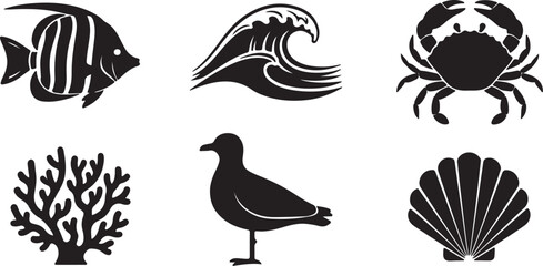 Sea shell sink stencil stamp set. Ocean exotic underwater seashell conch aquatic mollusk, sea spiral snail marine starfish seal brand collection. Tropical beach shells aquatic design illustration © Israt