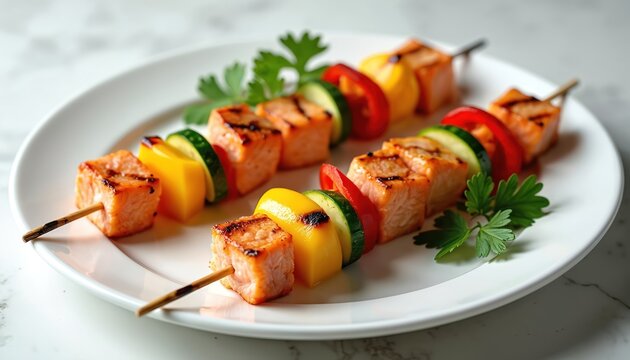 Two salmon skewers with colorful vegetables rest on white plate. Grilled fish cubes alternate with red pepper yellow squash zucchini slices. Fresh parsley garnishes this tasty meal ready to eat.
