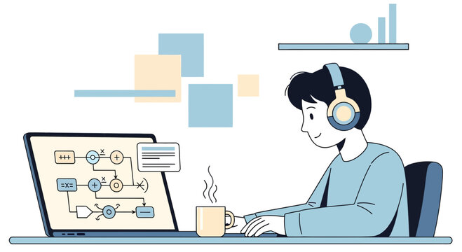 Illustration of a focused young programmer creating algorithms while listening to music