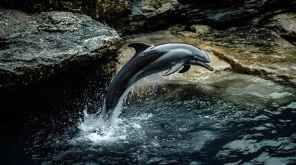 Obraz premium The elegant figure of dolphins shuttling through rocks in the deep sea