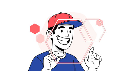 Fototapeta premium Illustration of a man interacting with hexagonal virtual reality elements with a big smile