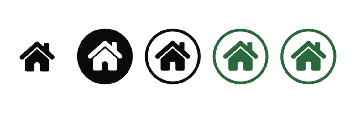Collection of house icons in black and green with circle frame on checkered background.