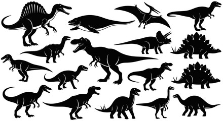 Collection of Black Dinosaur Silhouettes Featuring Tyrannosaurus Rex, Stegosaurus, Spinosaurus, Triceratops, Pterodactyl, and Plesiosaurus © hasan