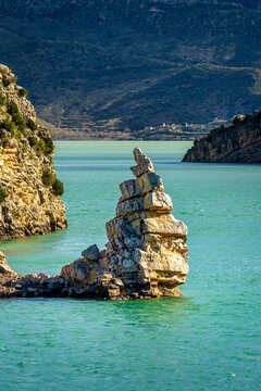 Vertical View of the Torreon Rock Formation in Cueva Foradada Reservoir Oliete Teruel Spain