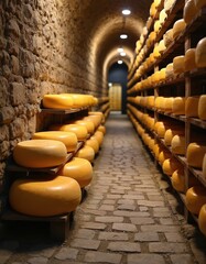Obraz premium Round cheese wheels age in rustic cellar on stone floor. Natural light illuminates rows on wooden shelves. Traditional food production and storage in old facility.