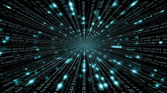 Data stream flows from all directions with bright bits of information in a digital space filled with numbers and codes in the background