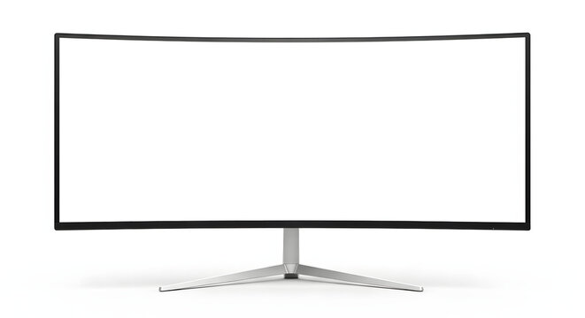 Modern ultra wide curved computer monitor featuring a blank white screen display and a sleek silver stand for desktop setups