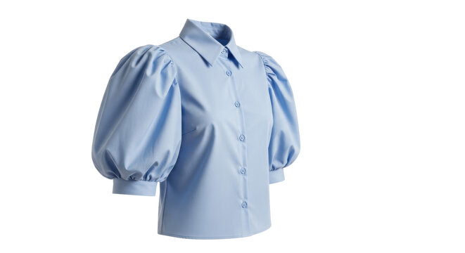 Light blue collared shirt with puffed short sleeves and button front clothing fashion, Isolated On Png Transparent Background