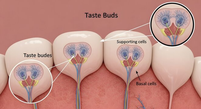 Microscopic view diagram of human taste buds on the tongue surface explaining supporting and basal cell structures.