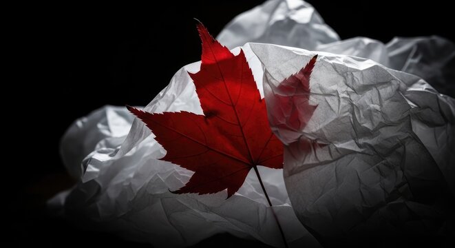 Vibrant red maple leaf against a dramatic snowy mountain backdrop symbolizing canadian autumn