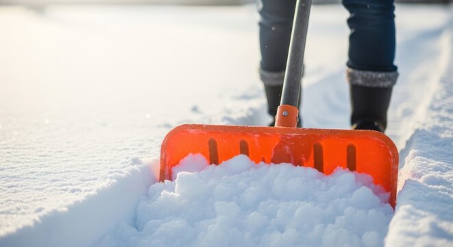 Person shoveling snow with a red snow shovel on a winter day