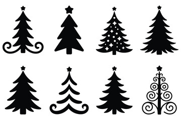 Obraz premium Black and white christmas tree set with stars, snowflakes, and ribbons