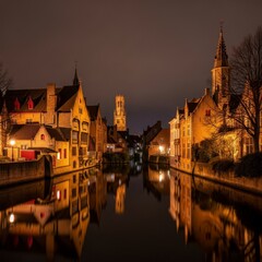 Fototapeta premium Bruges city skyline with illuminated historic architecture reflected in a canal at night, travel destination, Belgian heritage