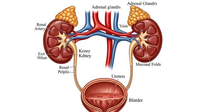 Detailed medical illustration of the human urinary system showing kidneys, adrenal glands, ureters, and bladder with anatomical labels.