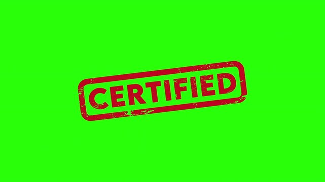 Certified red square grunge stamp animation with green screen.