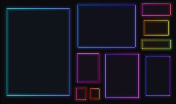 Multicolor Neon Border Frame Vector Set for Cyberpunk Gaming UI HUD Interface JPG PNG Graphics