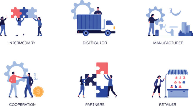 Minimalist vector collection of supply chain roles including intermediary distributor manufacturer coordination partners and retailer illustrated with people