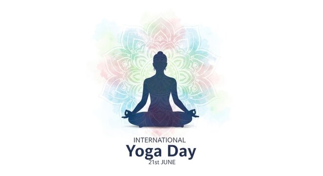 Silhouette of a meditating person with a colorful aura and 'yoga day' text below