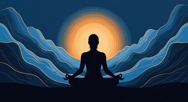 Silhouette of a person meditating in lotus position against a dramatic mountain and sky backdrop