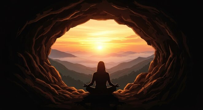 Lone figure meditates at cave entrance facing a brilliant sunset over mountain landscape