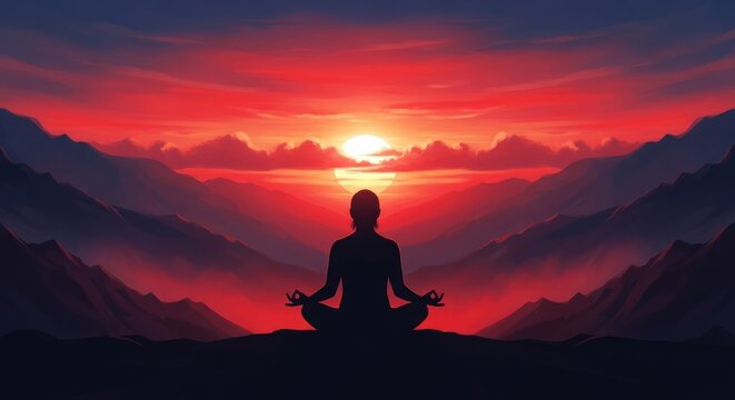 Silhouette of a person meditating in the lotus position against a vibrant sunset backdrop