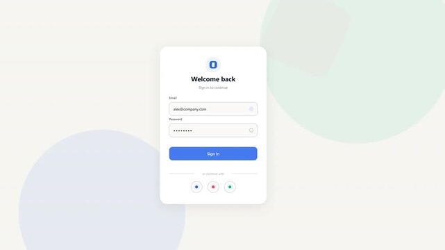 Motion graphic Mobile app login screen interface.