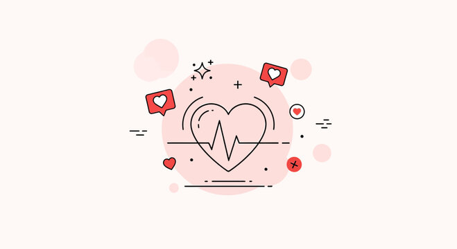 Heartbeat Icon with Love Symbols and Sparkles on Pink Circle - Health and Wellness Concept