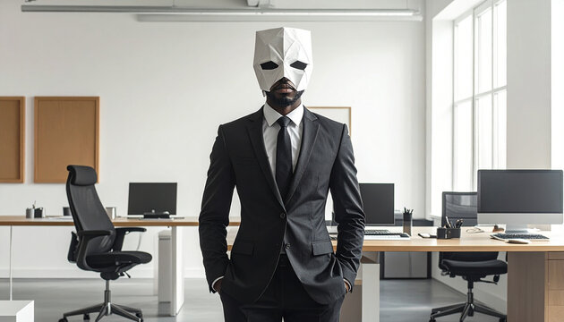 A businessman with a paper head stands confidently in a modern office.