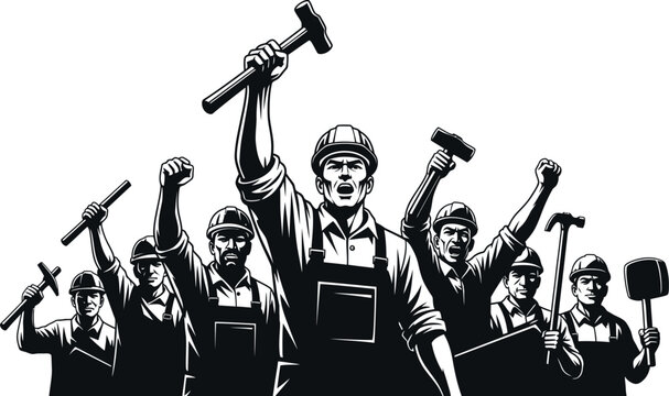 Laborers, workers, industrial workers, construction workers, labor union, protest, workers rights, illustration