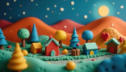 Naklejka premium Claymation village scene with colorful houses and trees under a starry night sky. Whimsical miniature world created with play-doh art. Handmade models create an enchanting landscape.