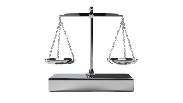 Shiny silver balance scale with hanging pans and metal chains