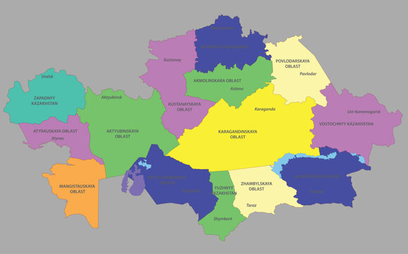 Kazakhstan map with regions colorful administrative divisions design