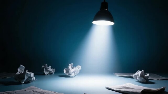 Overhead lamp shining on scattered crumpled paper balls, blue haze and open documents on desk, office cleanup, copyroom debris