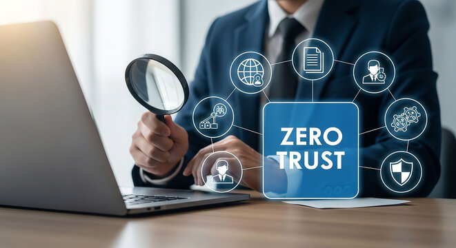 Zero Trust Concept: An executive in a suit, intently examines a digital display through a magnifying glass, conceptualizing the core principles of zero trust cybersecurity in the digital age. 