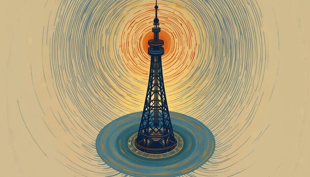 Tall tower radiates signals outward. Concentric circles emanate from broadcast antenna symbolizing communication waves. Idea of global connection and modern tech.
