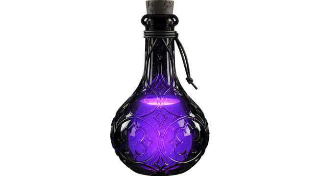 Potion bottle made of dark glass contains a radiant purple liquid and is tied with a leather cord.