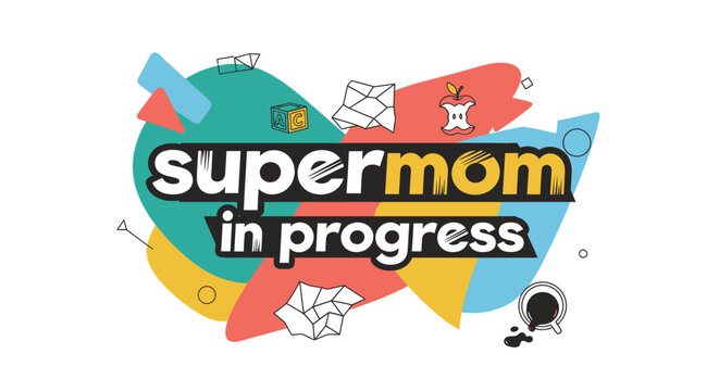 Supermom In Progress Logo with Colorful Abstract Shapes and Icons