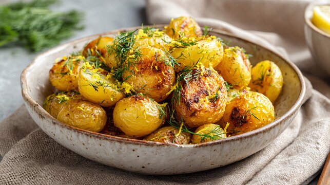 Crispy roasted new potatoes tossed in fresh dill and lemon zest, served in a rustic ceramic dish on a linen tablecloth in soft daylight