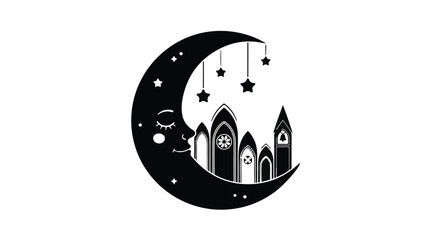 Obraz premium Moon crescent face adorned with stars and stylized city buildings forms a whimsical night sky illustration.