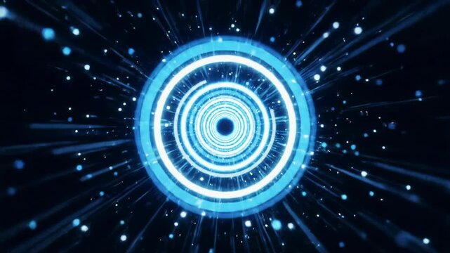 Abstract digital tunnel of pulsating blue and white light rings with shimmering particles, smooth forward tracking video, infinite depth, and high-speed progression. Concept of cutting-edge digital