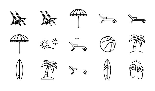 Beach pictogram icon set deck chairs and umbrellas summer travel vector illustration isolated on white
