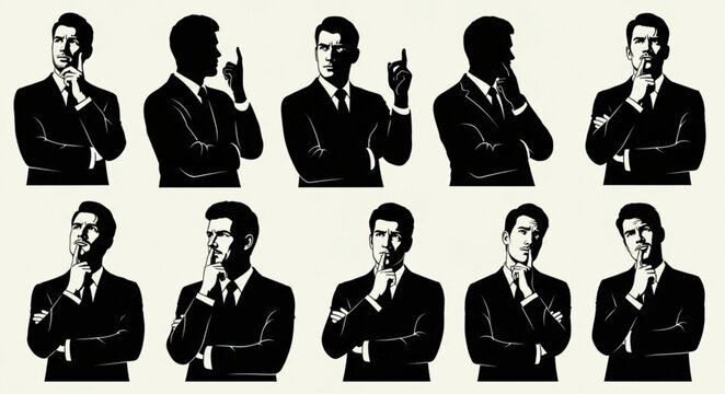 Businessman Silhouette Multiple Thinking and Gesturing Poses.