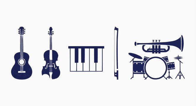 Musical instruments vector silhouettes, dark blue orchestra icons including guitar, violin, piano keys, trumpet and drum kit, minimalist music set