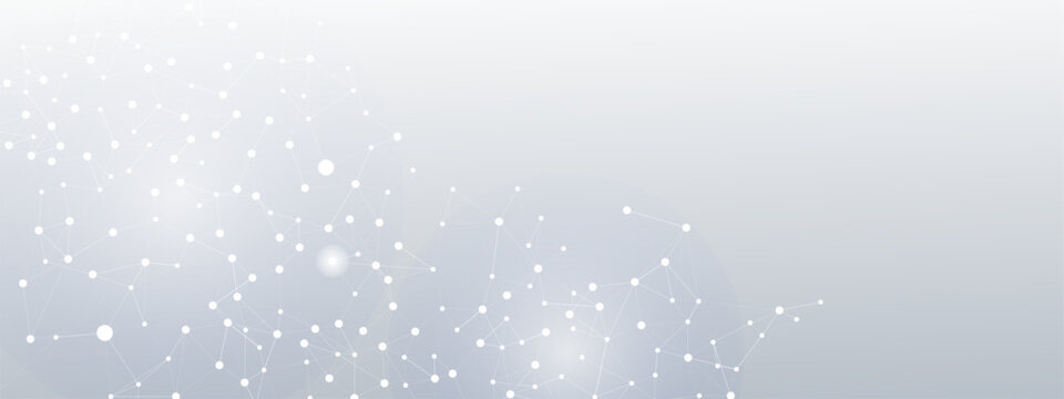 Abstract white network of connected dots on a subtle gradient gray background, representing digital data, global communication, and science concepts.