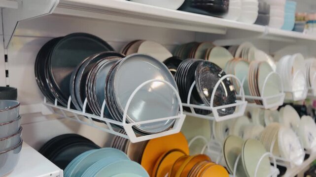 Modern ceramic plates in various colors and styles displayed on white metal racks in a kitchenware store or home interior showroom