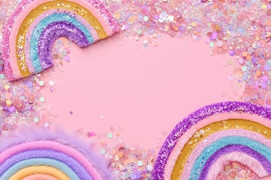 Colorful Glitter Rainbows and Sequins on Pink Background