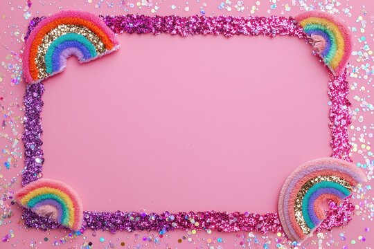 Colorful Glitter Rainbows and Sequins on Pink Background